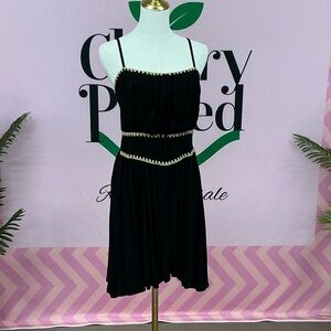 Vintage Havana Black Spaghetti-Strap Mini Dress with Gold Zigzag Trim